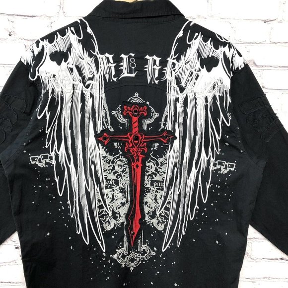Royal Army Y2K Red Black Cross Wings Embroidered Bling Graphic Streetwear Sz 2X - Picture 1 of 14